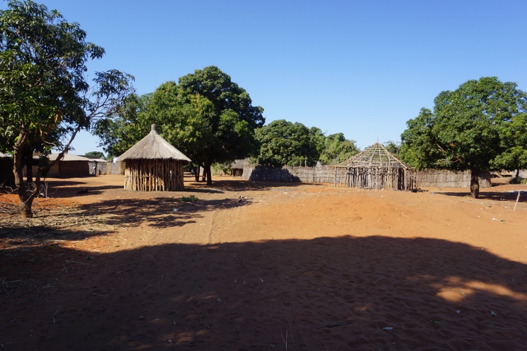 A dirt field with several buildings and trees.